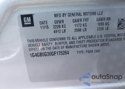 2016 Buick Lacrosse Leather z USA, uszkodzony, nr VIN 1G4GB5G36GF175264